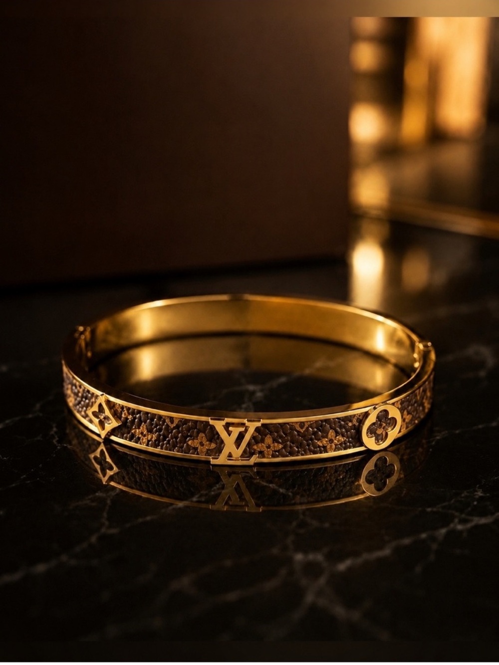 18K Gold and Brown Monogram Hinged Bangle Bracelet